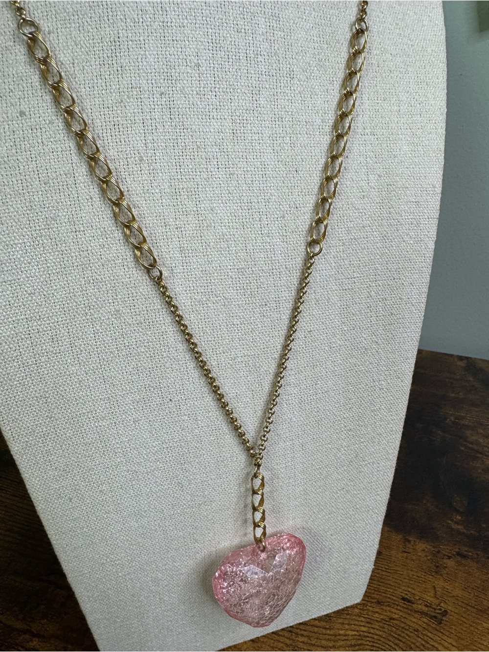 Gold Tone Chain Necklace with Pink Puffy Heart Pendant